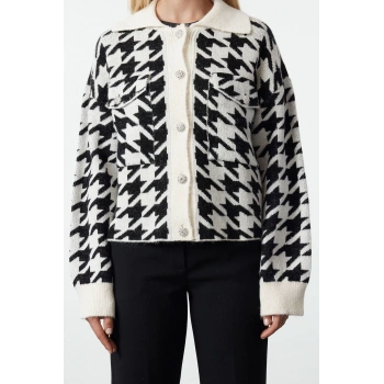 Kadın Moda Şık Regular Polo Yaka Regular Yumuşak Dokulu Mont Görünümlü Triko Hırka