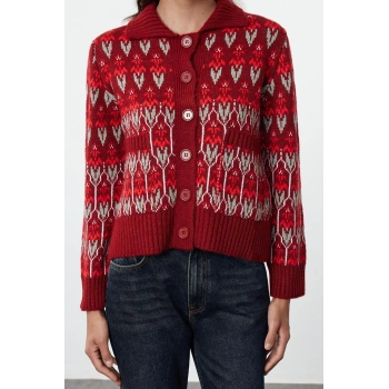 Kadın Moda Şık Regular Polo Yaka Regular Yumuşak Dokulu Polo Yaka Desenli Triko Hırka