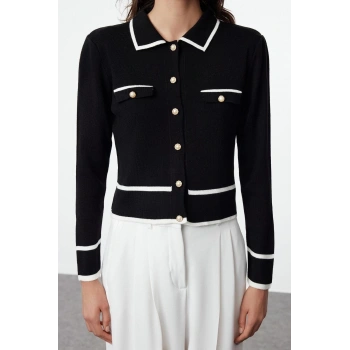 Kadın Moda Şık Regular Polo Yaka Regular Renk Bloklu Polo Yaka Triko Hırka