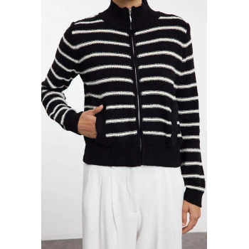 Kadın Moda Şık Regular Dik Yaka Regular Çizgili Dik Yaka Triko Hırka