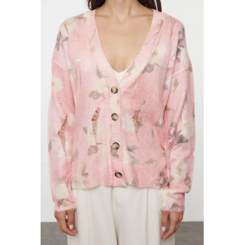 Kadın Moda Şık Regular V Yaka Regular Yumuşak Dokulu Baskı Detaylı Triko Hırka