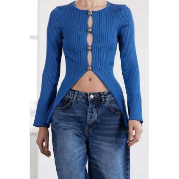 Kadın Moda Şık Regular Bisiklet Yaka Slim Düğme Detaylı Triko Hırka