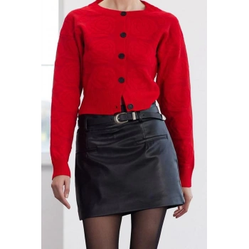 Kadın Moda Şık Crop Bisiklet Yaka Regular Crop Yumuşak Dokulu Gül Örgülü Ceket Görünümlü Triko Hırka