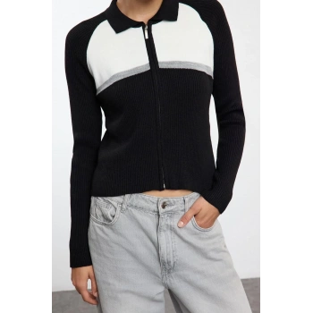 Kadın Moda Şık Regular Dik Yaka Regular Yumuşak Dokulu Renk Bloklu Fermuarlı Triko Hırka