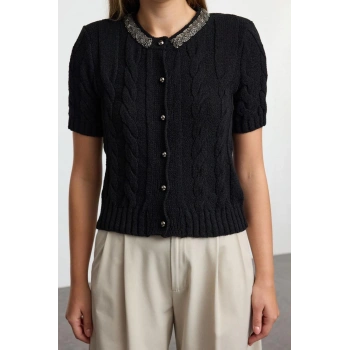 Kadın Moda Şık Crop Bisiklet Yaka Slim Crop %100 Pamuk Boncuk Detaylı Saç Örgülü Triko Hırka