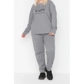 Büyük Beden Kadın Pamuk Polyester Bisiklet Yaka Uzun Kol Baskılı Pamuklu Örme Pijama Takımı