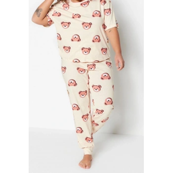 Büyük Beden Kadın Pamuklu Bisiklet Yaka Kısa Kol Ayıcık Desenli Örme Pijama Takımı