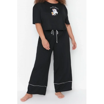 Büyük Beden Kadın Pamuklu Bisiklet Yaka Kısa Kol Baskılı Wide Leg Crop Boy Örme Pijama Takımı