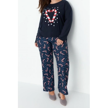 Büyük Beden Kadın Polyester Bisiklet Yaka Uzun Kol Yılbaşı Temalı Örme Pijama Takımı