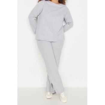 Büyük Beden Kadın Polyester Bisiklet Yaka Uzun Kol Paçaları Yırtmaçlı Örme Pijama Takımı