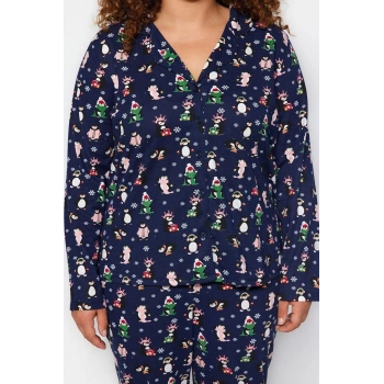 Büyük Beden Kadın Pamuk Polyester Gömlek Yaka Uzun Kol Gömlek Yaka Yılbaşı Temalı Örme Pijama Takımı