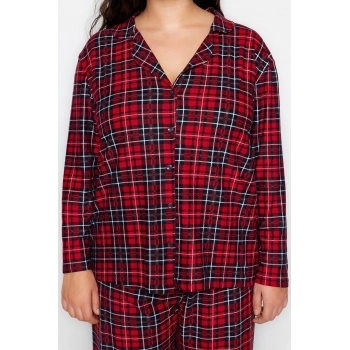 Büyük Beden Kadın Polyester Gömlek Yaka Uzun Kol Ekoseli Gömlek Yaka Yumuşak Tuşe Örme Pijama Takımı
