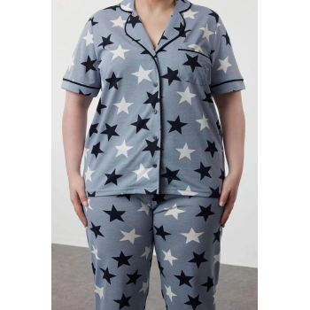 Büyük Beden Kadın Pamuk Polyester Ceket Yaka Kısa Kol Yıldız Desenli Gömlek Yaka Örme Pijama Takımı