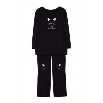Büyük Beden Kadın Pamuklu Bisiklet Yaka Uzun Kol Kedi Baskılı 2 İplik Örme Pijama Takımı