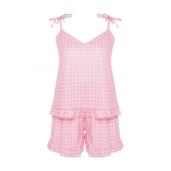 Büyük Beden Kadın Polyester V Yaka Askılı Kol Baskılı Askılı Örme Pijama Takımı