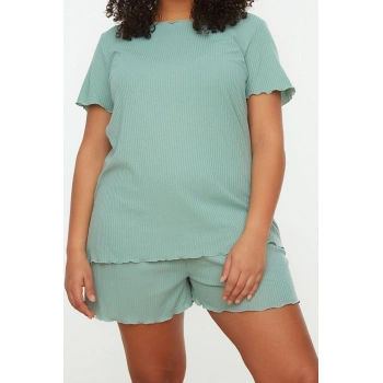 Büyük Beden Kadın Polyester Karışımlı Bisiklet Yaka Kısa Kol Örme Pijama Takımı