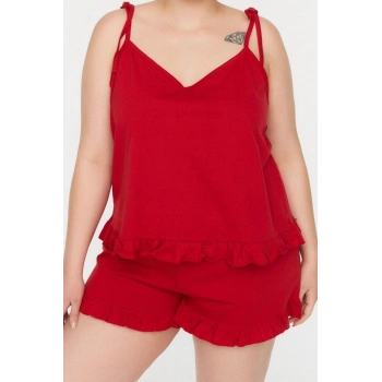 Büyük Beden Kadın Pamuklu V Yaka Askılı Kol Askılı Örme Fırfır Detaylı Pijama Takımı