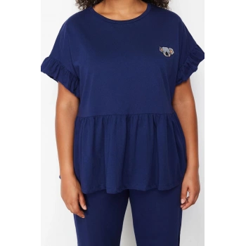 Büyük Beden Kadın Polyester Karışımlı Bisiklet Yaka Kısa Kol Örme Nakışlı Volanlı Pijama Takımı