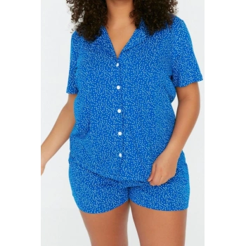 Büyük Beden Kadın Pamuklu Gömlek Yaka Kısa Kol Örme Pijama Takımı