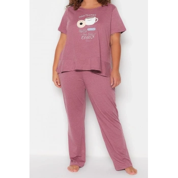 Büyük Beden Kadın Pamuk Polyester Bisiklet Yaka Kısa Kol Baskılı Kısa Kollu Örme Pijama Takımı