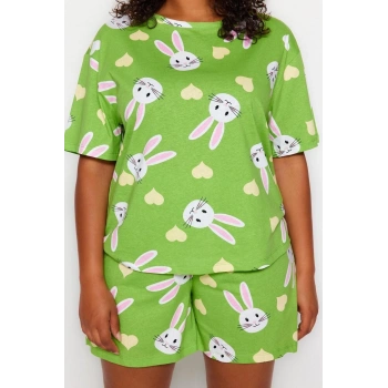 Büyük Beden Kadın %100 Pamuk Bisiklet Yaka Kısa Kol Tavşan Baskılı Pamuklu Örme Pijama Takımı