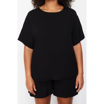 Büyük Beden Kadın Viskon Bisiklet Yaka Kısa Kol Bisiklet Yaka Dokuma Pijama Takımı