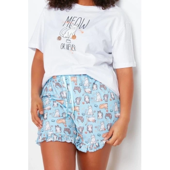 Büyük Beden Kadın Pamuklu Bisiklet Yaka Kısa Kol Kedi Desenli Örme Pijama Takımı