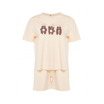 Büyük Beden Kadın Pamuklu Bisiklet Yaka Kısa Kol Ayıcık Baskılı Örme Pijama Takımı