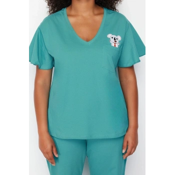 Büyük Beden Kadın Pamuklu V Yaka Kısa Kol Koala Baskılı Örme Pijama Takımı