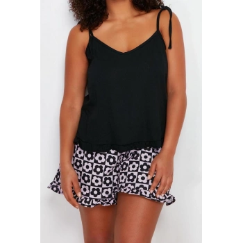 Büyük Beden Kadın Pamuklu V Yaka Askılı Kol Askılı Desenli Örme Pijama Takımı