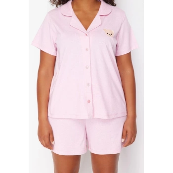 Büyük Beden Kadın Pamuklu Gömlek Yaka Kısa Kol Pamuklu Ayıcık Nakışlı Örme Pijama Takımı