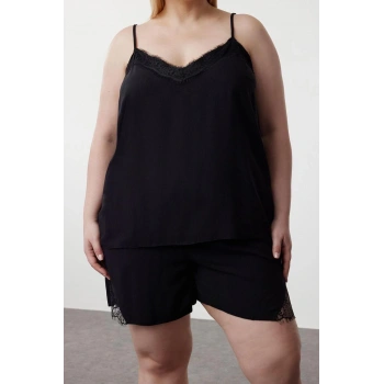 Büyük Beden Kadın Viskon V Yaka Kolsuz Kol Dantel Detaylı V Yaka Dokuma Pijama Takımı