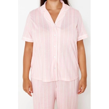 Büyük Beden Kadın %100 Pamuk Gömlek Yaka Kısa Kol Çizgili Gömlek Yaka Örme Pijama Takımı