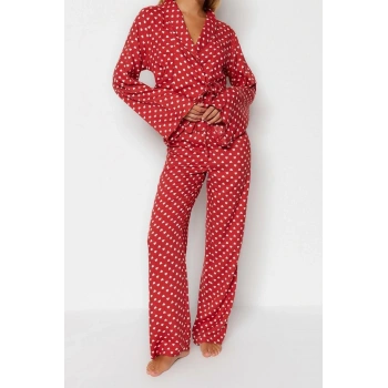 Kadın Viskon V Yaka Uzun Kol Kalp Desenli Bağlama Detaylı Gömlek-Pantolon Dokuma Pijama Takımı