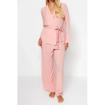 Kadın Viskon Kruvaze Uzun Kol Pudra Biye Detaylı Kruvaze Viskon Gömlek-Pantolon Dokuma Pijama Takımı