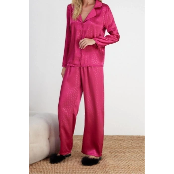 Kadın Polyester Gömlek Yaka Uzun Kol Fuşya Kalp Desenli Saten Gömlek-Pantolon Dokuma Pijama Takımı