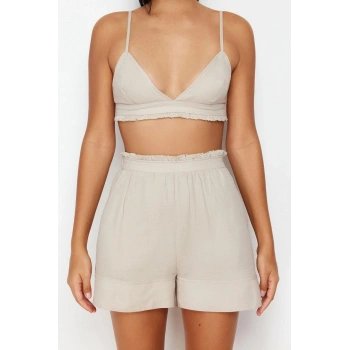 Kadın %100 Pamuk Askılı Yaka Askılı Kol Fırfır Detaylı İp Askılı Müslin Dokuma Pijama Takımı