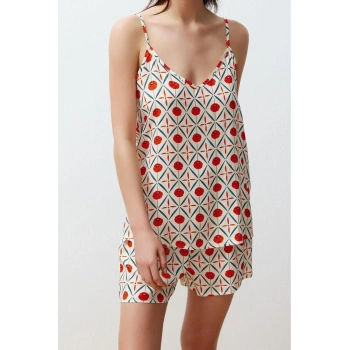 Kadın Viskon V Yaka Askılı Kol Etnik Desenli İp Askılı Viskon Dokuma Pijama Takımı