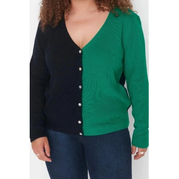 Kadın Büyük Beden Moda Şık Regular V Yaka Uzun Kol Renk Bloklu Triko Hırka
