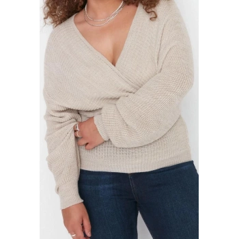 Kadın Büyük Beden Moda Şık Regular Kruvaze Uzun Kol Düz Kruvaze Kapamalı Triko Kazak