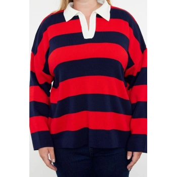 Kadın Büyük Beden Moda Şık Regular Polo Yaka Uzun Kol Çizgili Polo Yaka Triko Kazak