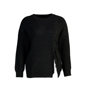 Kadın Büyük Beden Moda Şık Uzun Bisiklet Yaka Uzun Kol Düz Bağlama Detaylı Triko Kazak