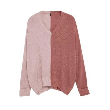 Kadın Büyük Beden Moda Şık Regular V Yaka Uzun Kol Renk Bloklu Triko Kazak