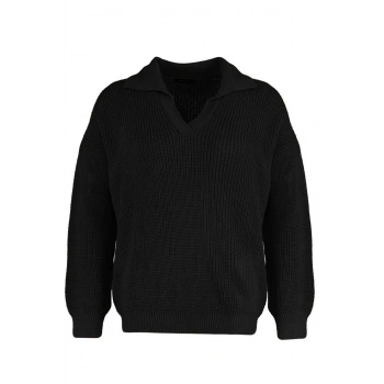 Kadın Büyük Beden Moda Şık Regular Polo Yaka Uzun Kol Düz Gömlek Yaka Selanik Örgü Triko Kazak