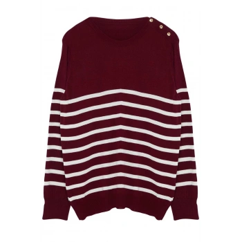 Kadın Büyük Beden Moda Şık Regular Bisiklet Yaka Uzun Kol Çizgili Triko Kazak