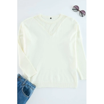 Kadın Büyük Beden Moda Regular Bisiklet Yaka Uzun Kol Düz Tül Detaylı Düşük Omuz İnce Triko Kazak