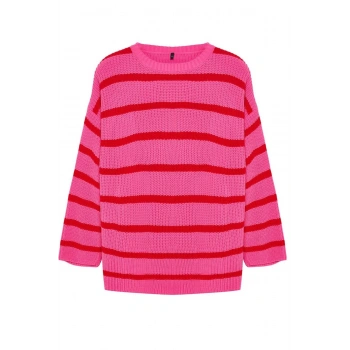 Kadın Büyük Beden Moda Şık Uzun Bisiklet Yaka Uzun Kol Çizgili Relax Kalıp Düşük Omuz Triko Kazak