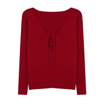 Kadın Büyük Beden Moda Şık Crop V Yaka Uzun Kol Düz Bağlama Detaylı İnce Triko Hırka&Atlet Takım