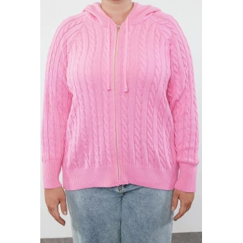 Kadın Büyük Beden Moda Şık Regular Kapüşonlu Uzun Kol Saç Örgü Kapüşonlu Fermuarlı Triko Hırka