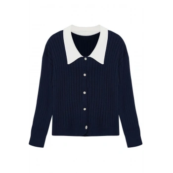 Kadın Büyük Beden Moda Şık Regular Gömlek Yaka Uzun Kol Düz Triko Hırka